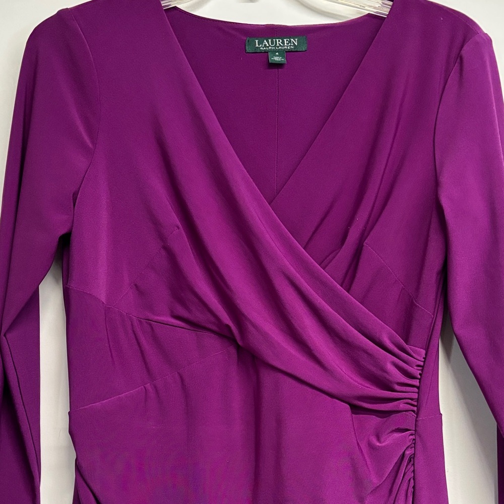Lauren Ralph Lauren Deep Plum Faux-Wrap Long Sleeve Dress - Picture 4 of 5